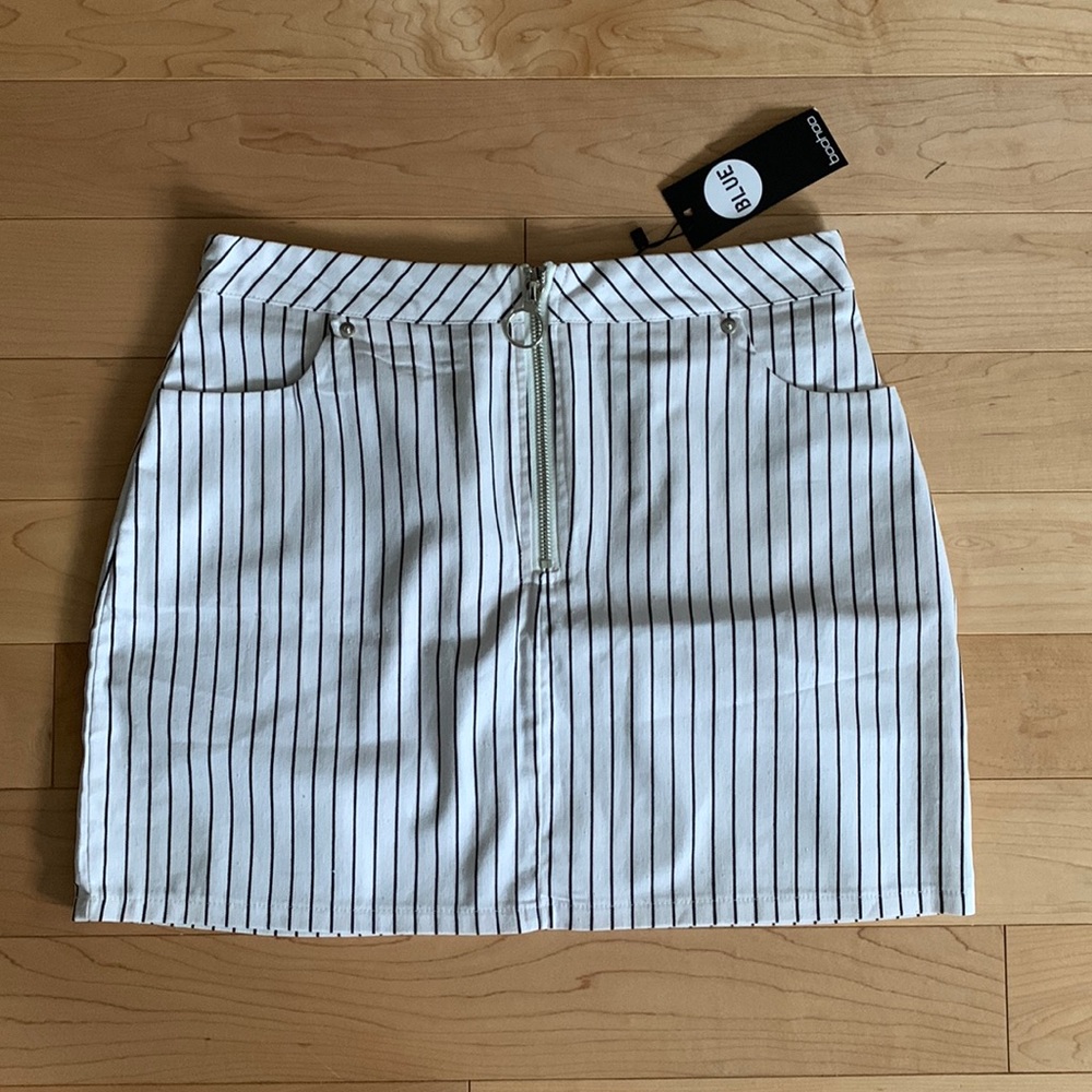 Pinstripe Zip Front Denim Mini Skirt